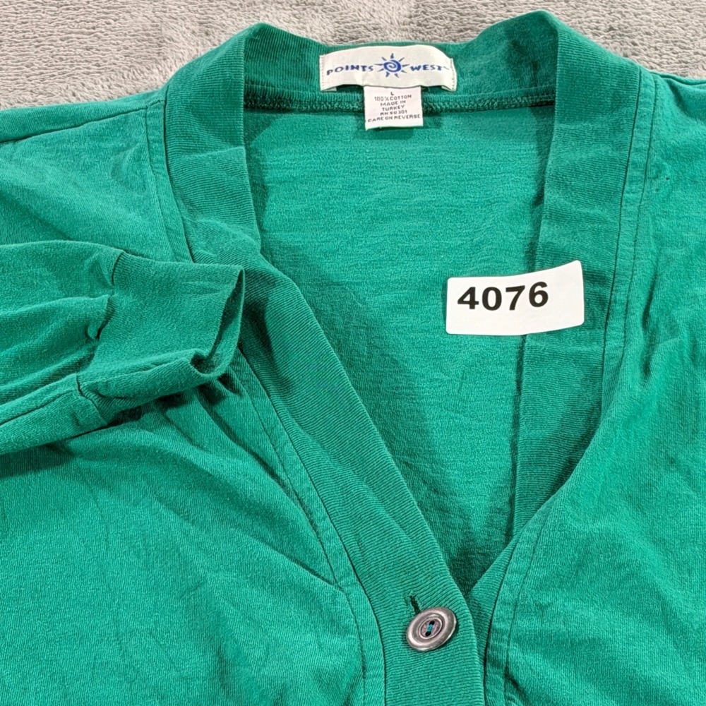 Points West Cardigan Women Large Green Cotton Button Front V-Neck Pocket Sweater